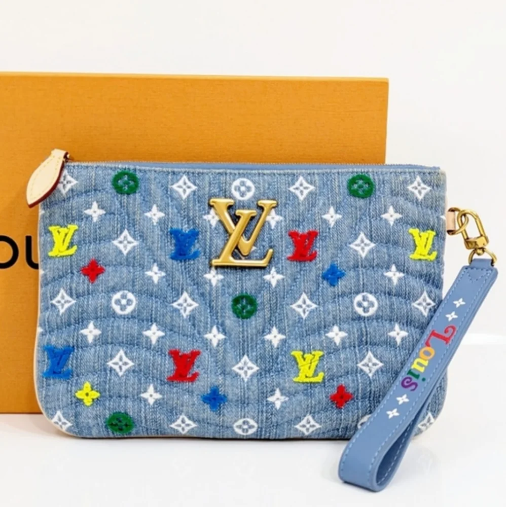 Louis Vuitton New Wave Denim Monogram Wristlet Pouch Multicolor